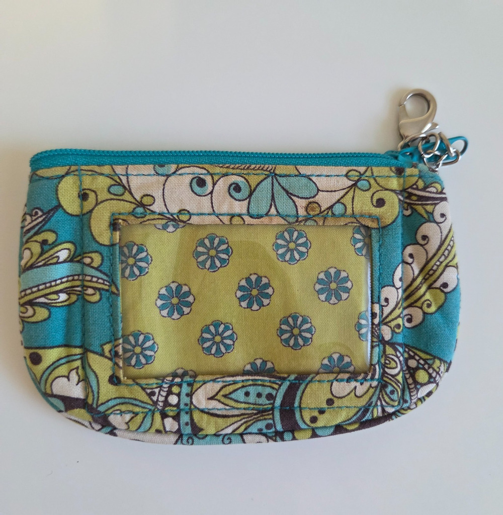 Vera Bradley Peacock Zip ID Case Coin Purse Keychain Teal Green - Picture 1 of 8